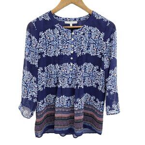 Daniel Rainn Floral Chiffon Blouse Womens Size S Blue Roll Tab Sleeve‎ Fairycore